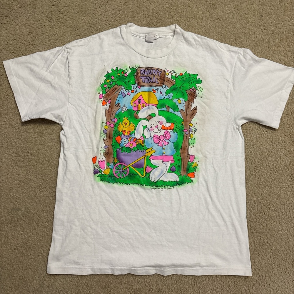 Vintage 90s Handpainted White Bunny Trail T-Shirt